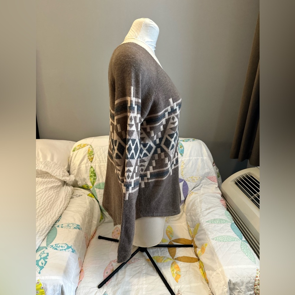 Joie Brown Grey Aztec Boho Brenda Geometric Wool Cashmere Sweater S M L - Picture 13 of 15
